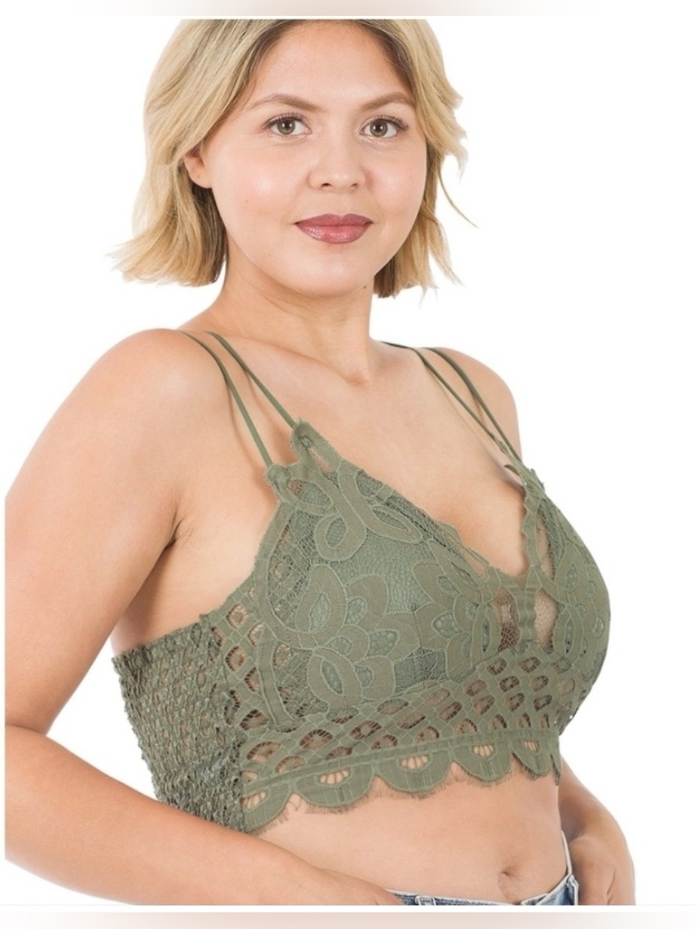 Zenana Women's Floral Lace Bralette with Cross Back, Sz 2x Olive Green